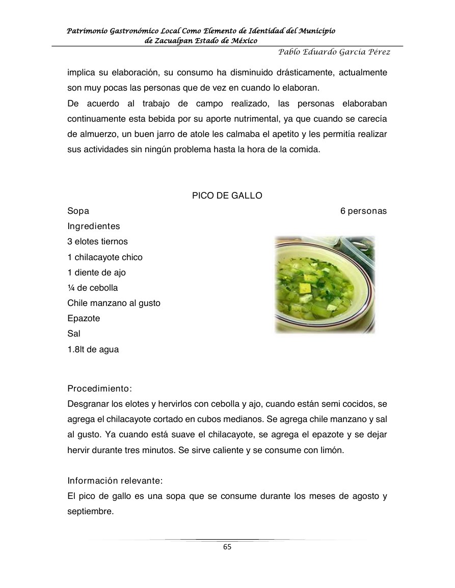 Página de la investigación gastronómica con la sopa de chilacayote conocida como pico de gallo