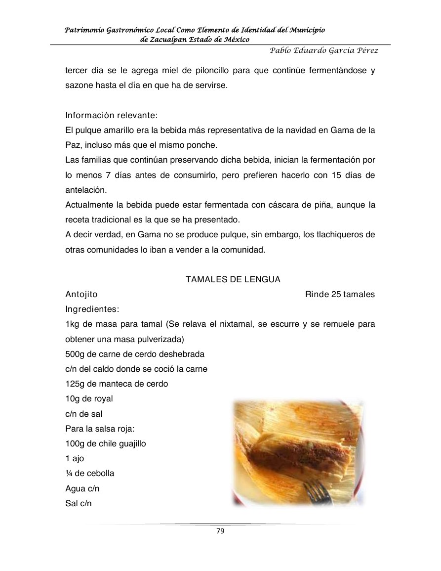 Página de la tesis con receta y fotografía de tamales de lengua de Gama de la Paz