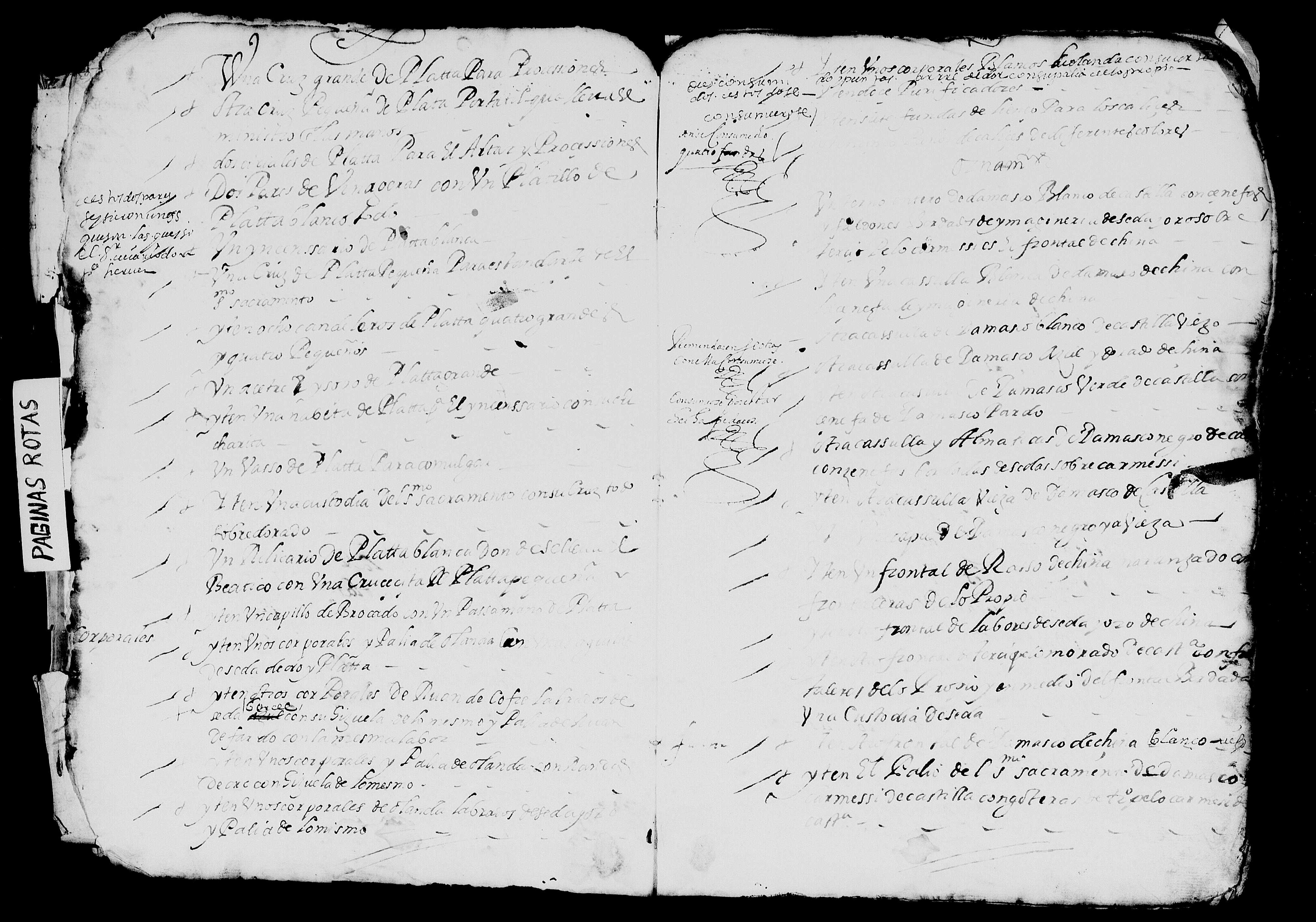 Páginas del inventario parroquial de 1616 con bienes de plata y objetos litúrgicos