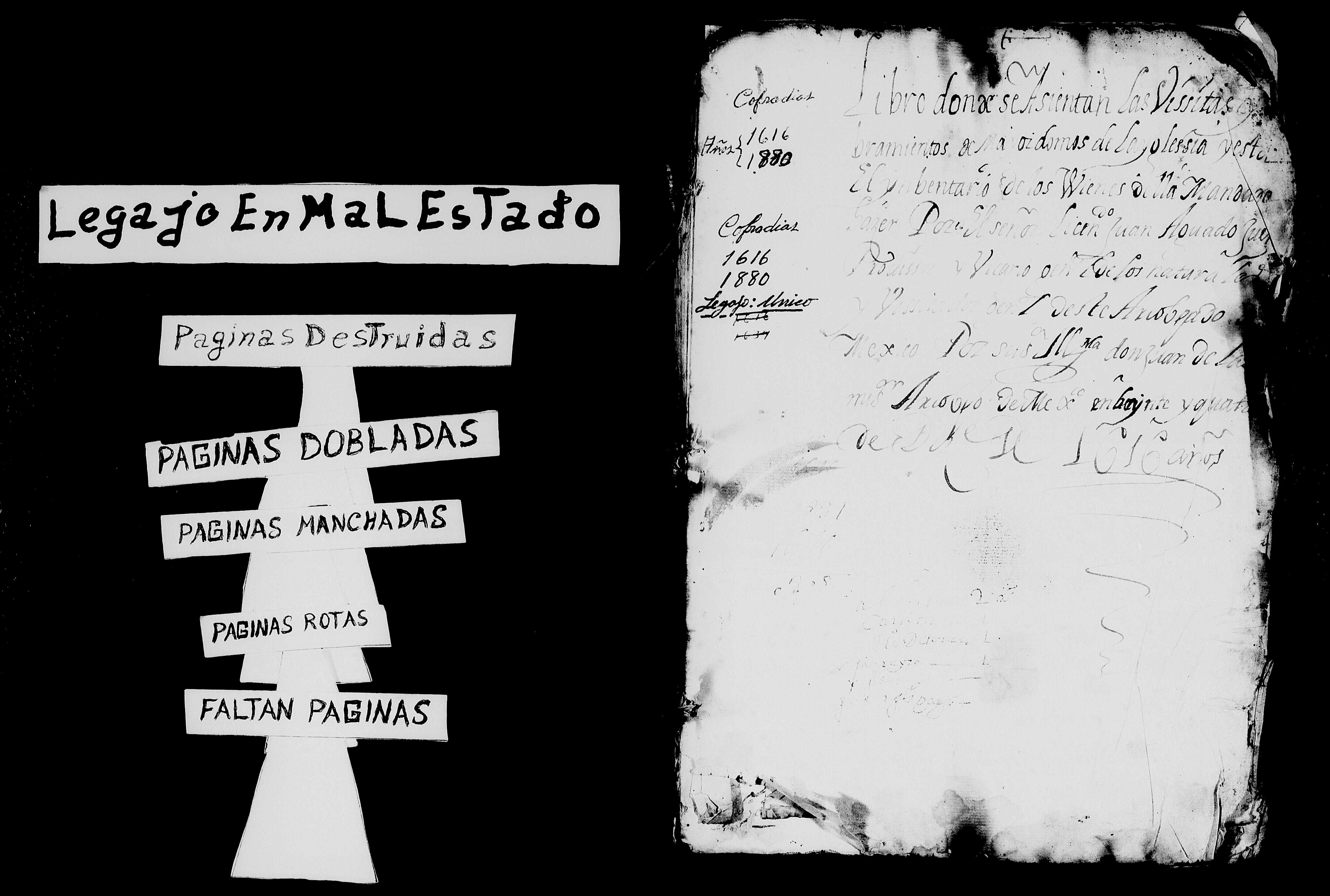 Primera imagen del legajo parroquial con notas sobre su estado de conservación
