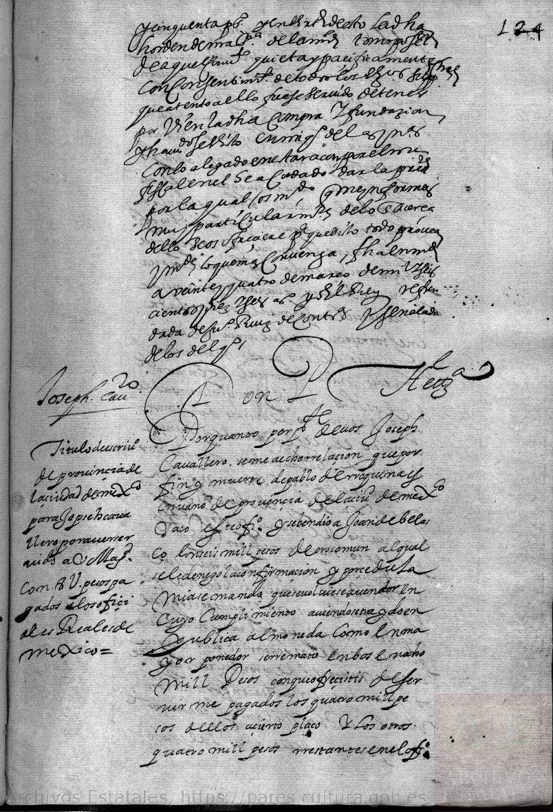 Folio 124 recto de la Real Cédula sobre el convento de las Minas de Zacualpa