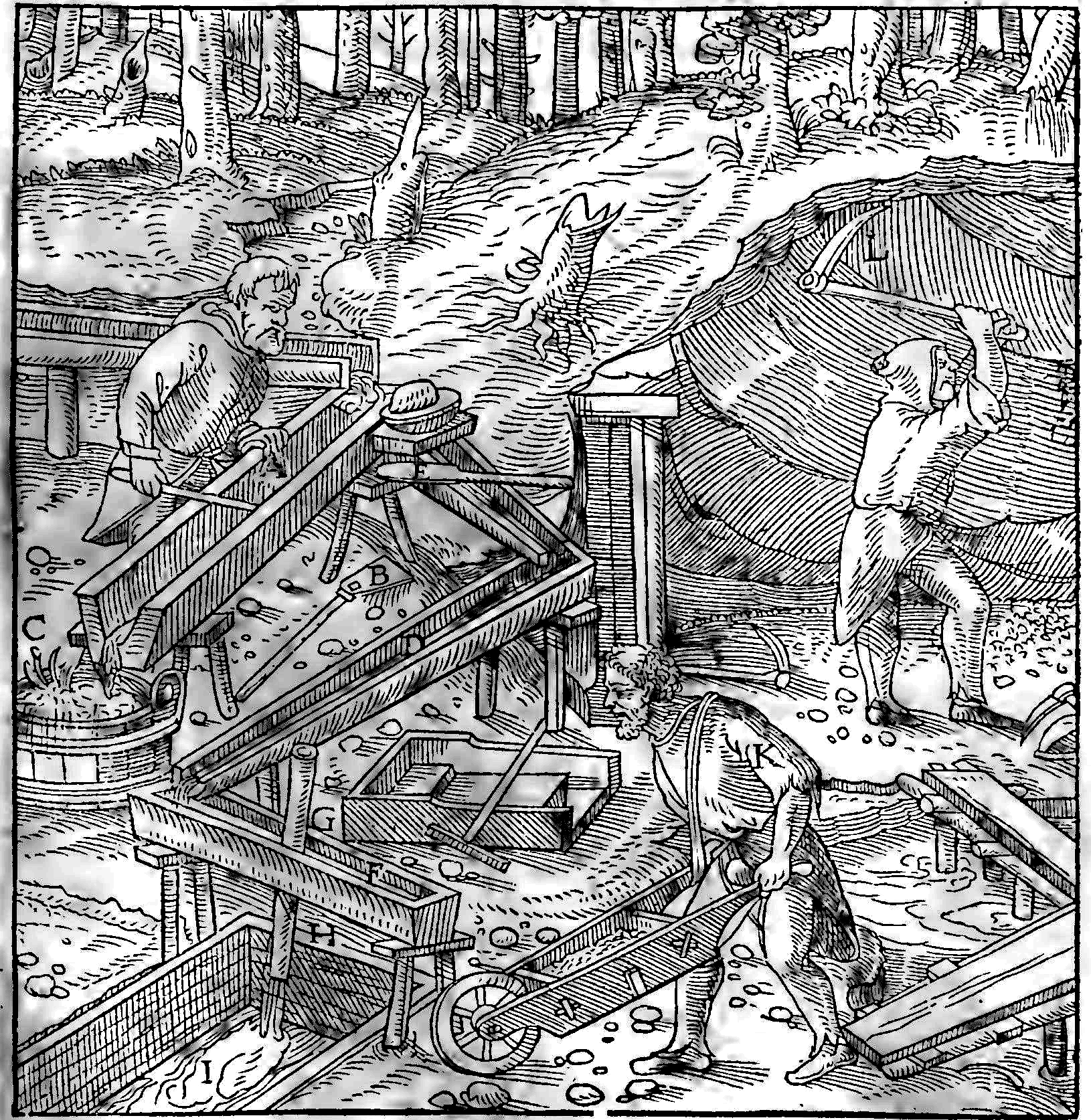 Grabado de 1556 que muestra trabajadores lavando y separando mineral