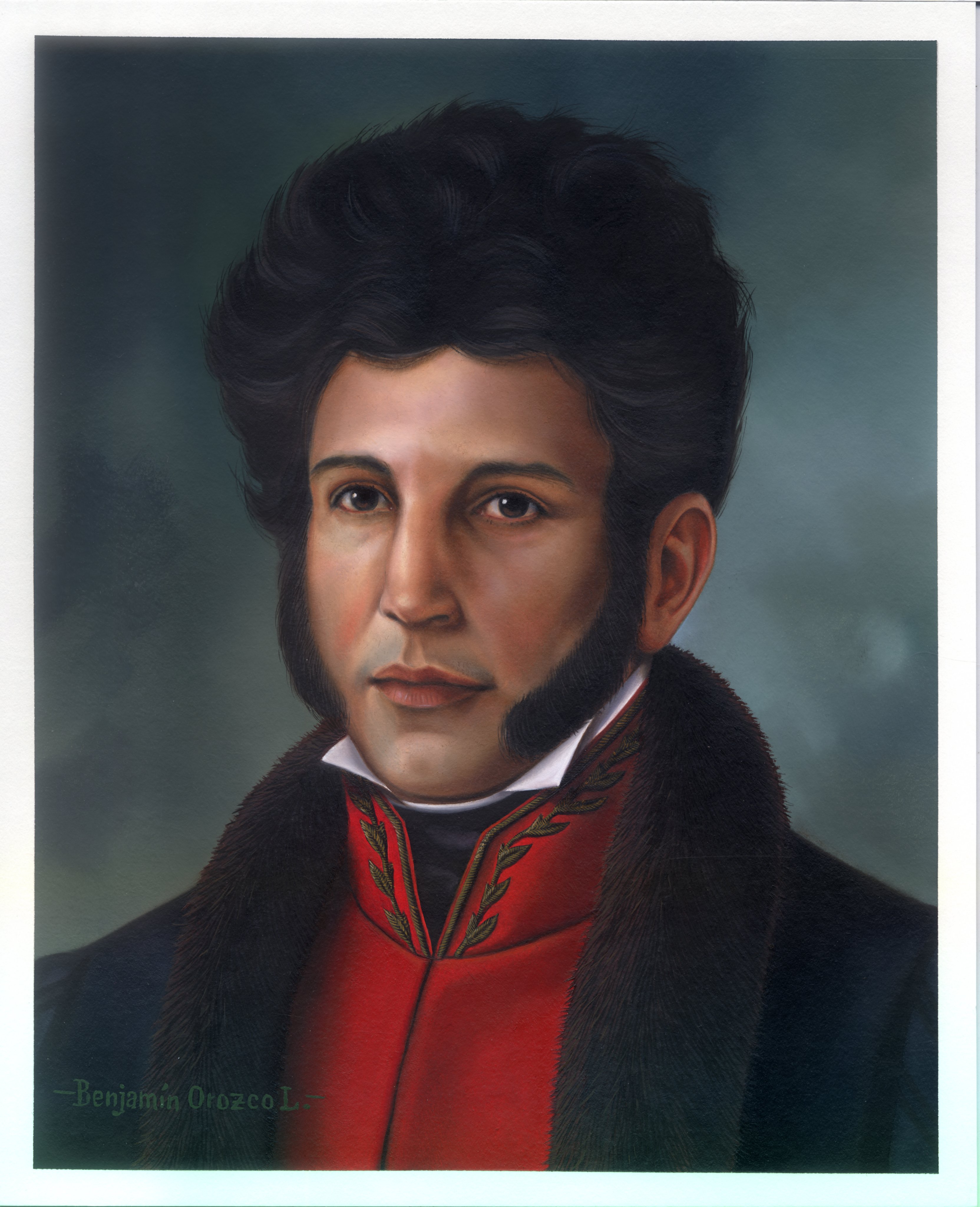 Retrato histórico de Vicente Guerrero con uniforme rojo