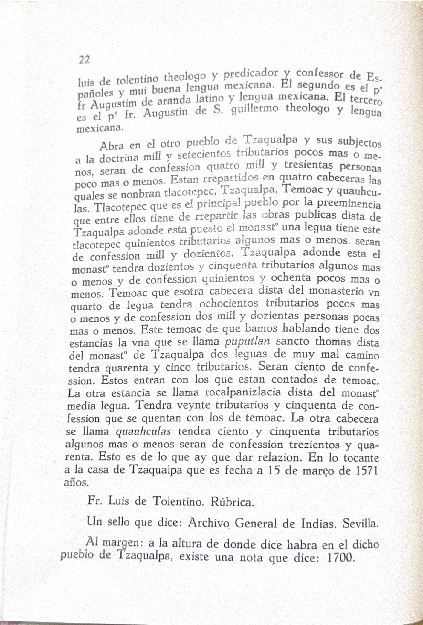 Transcripción de la memoria de 1571 con Tlacotepec, Tzacualpa, Temoac, Popotlán y Quauhculas
