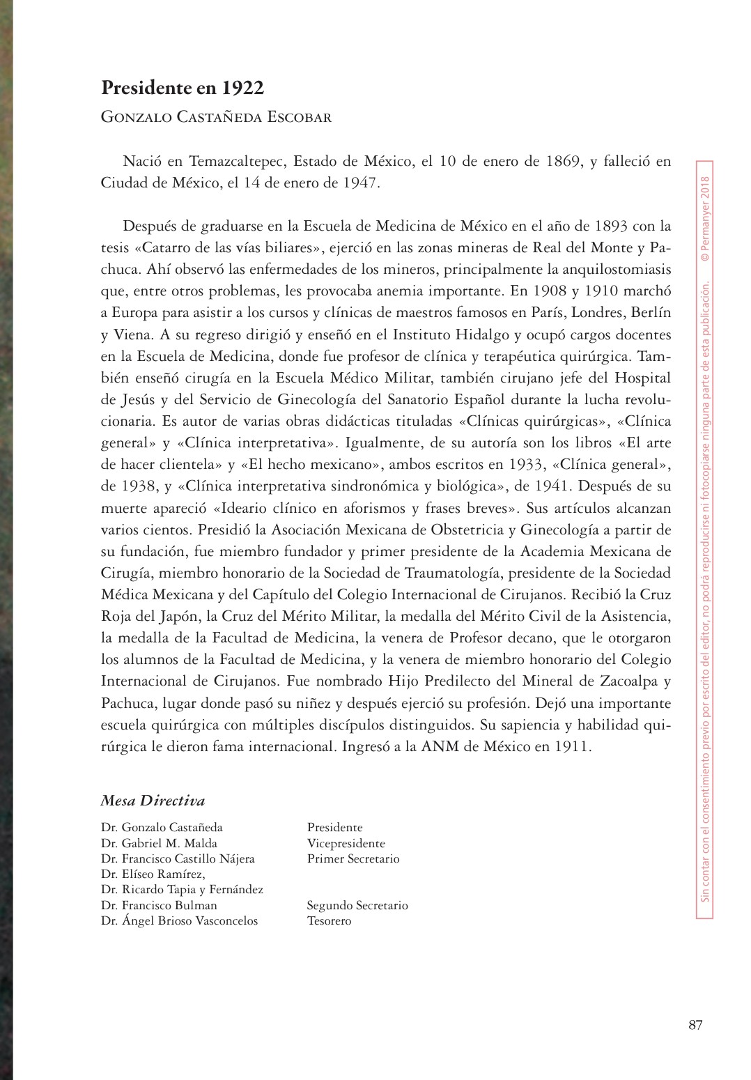 Semblanza de Gonzalo Castañeda como presidente de la Academia Nacional de Medicina en 1922