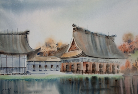 Acuarela de Ignacio Barrios con edificios junto a un lago