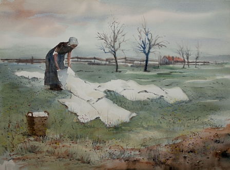Acuarela de Ignacio Barrios con una mujer trabajando en el campo