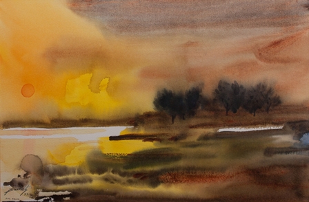 Acuarela de Ignacio Barrios con un paisaje iluminado por el sol