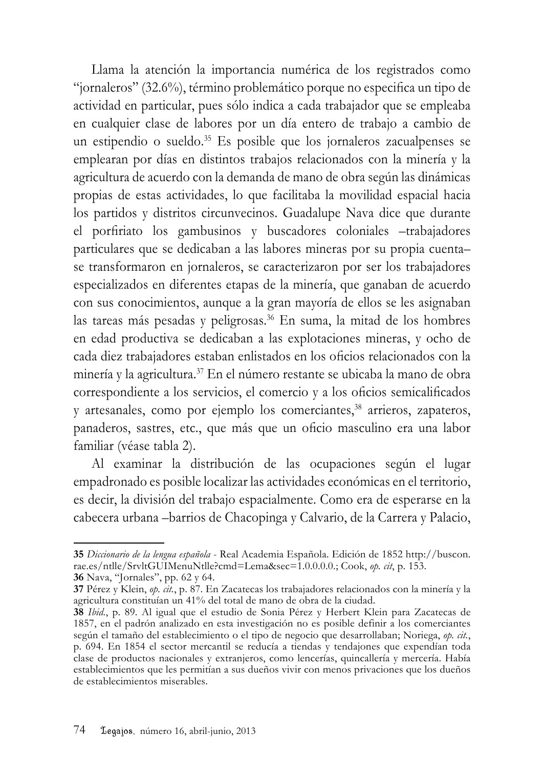 Página del estudio sobre la estructura ocupacional de Zacualpan en 1864